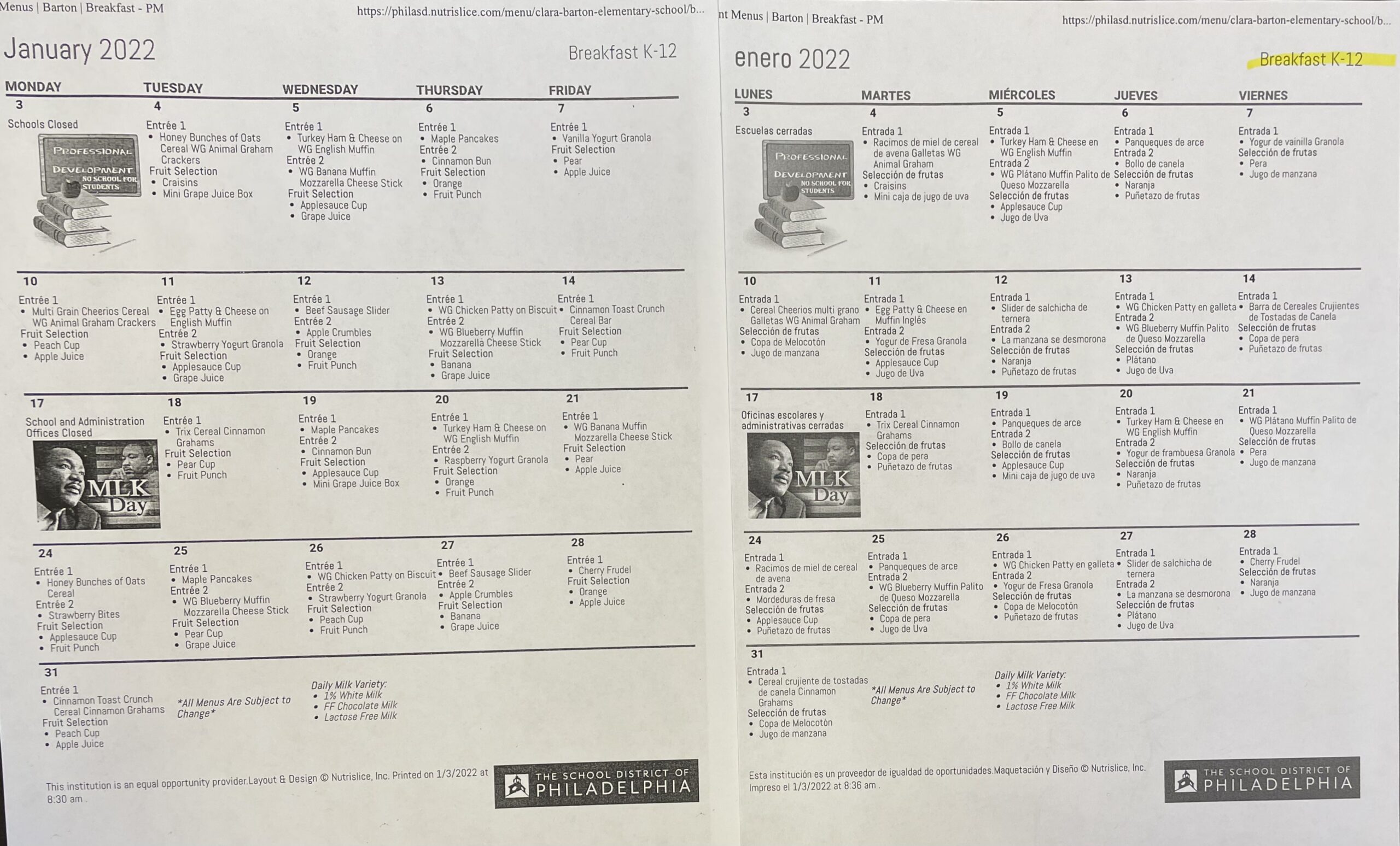January 2022 Breakfast Calendar