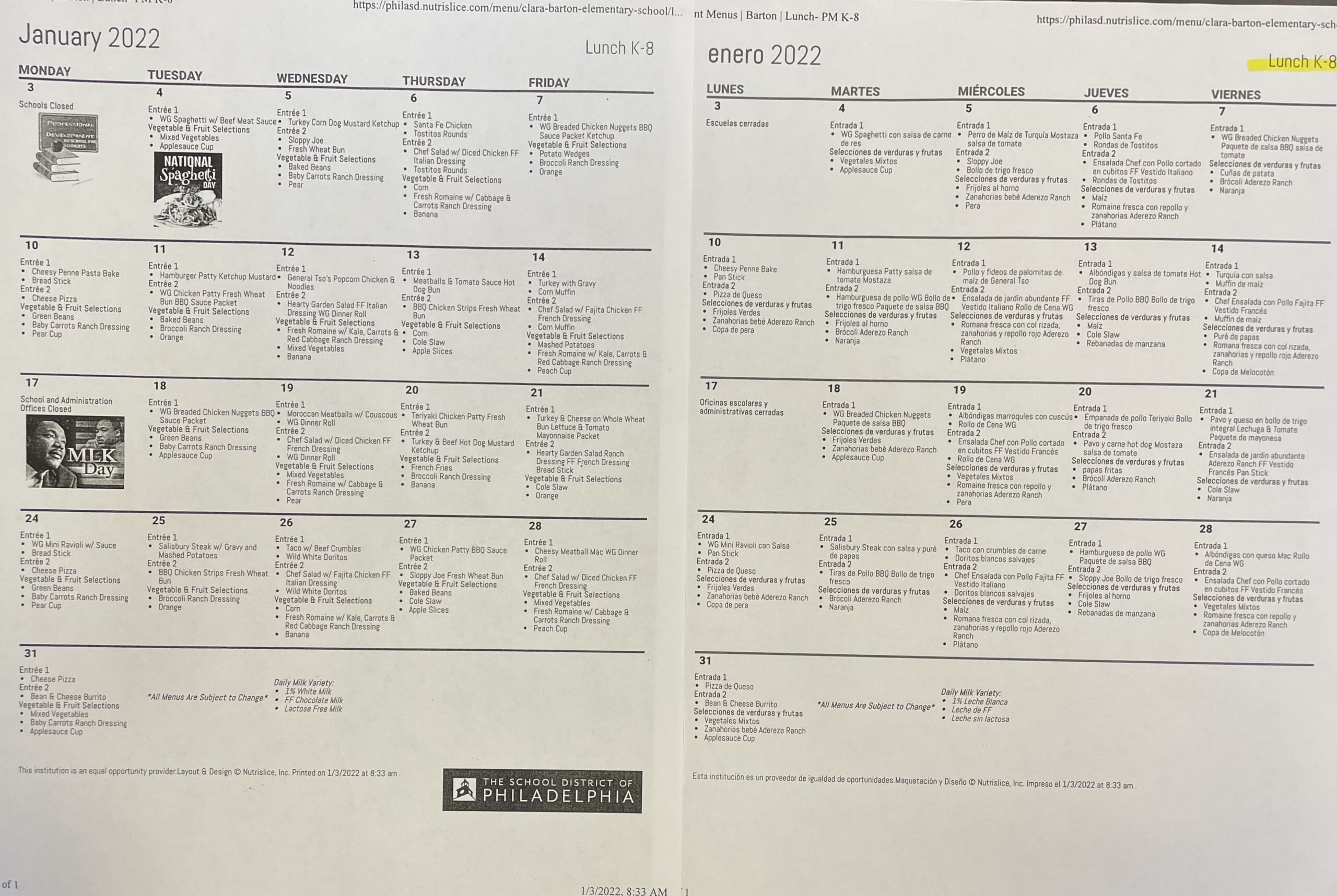 January 2022 Lunch Calendar