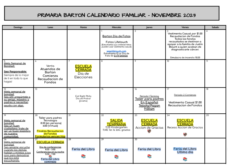 November Family Calendar Spanish