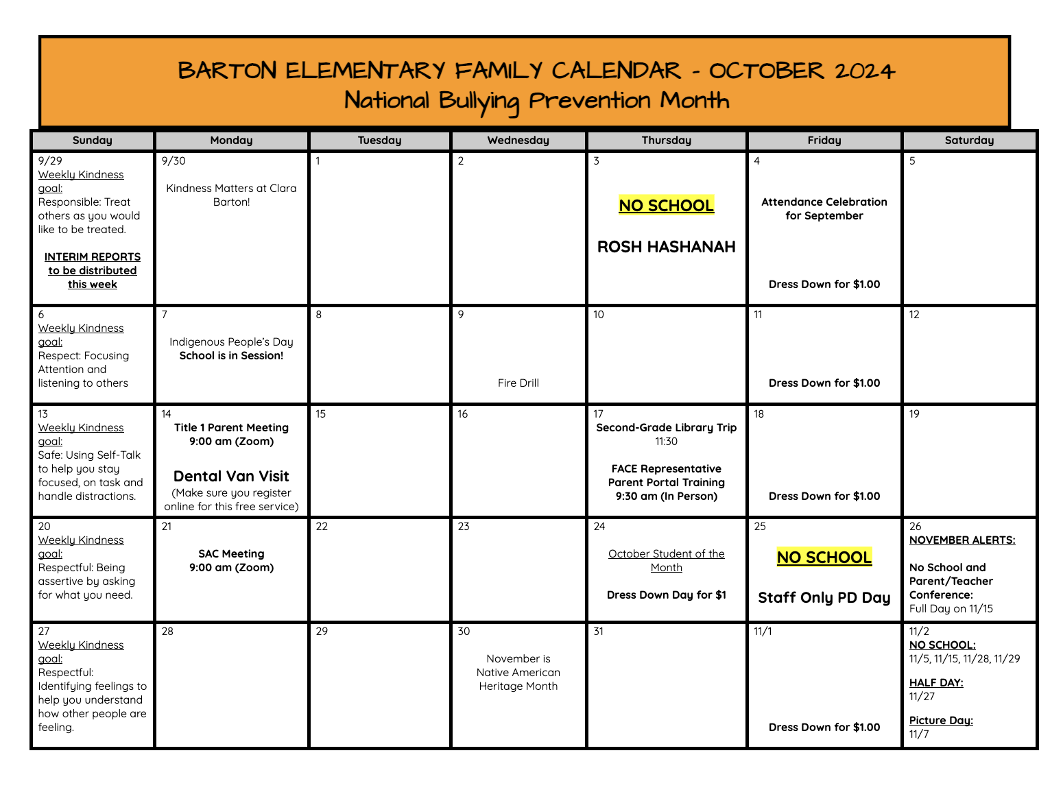 October Family Calendar (English)