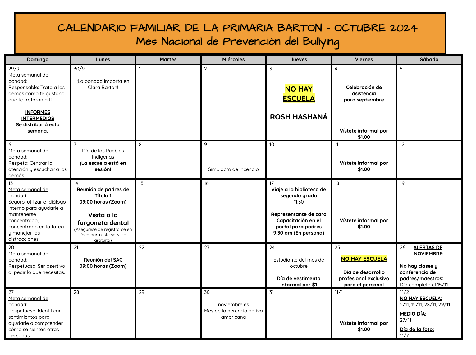 October Family Calendar (Spanish)