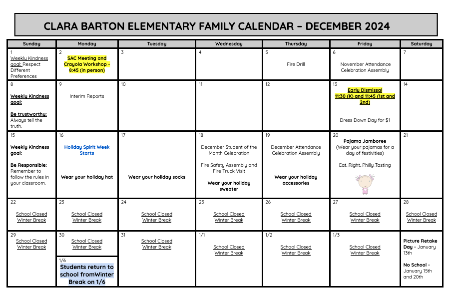 December Family Calendar - English