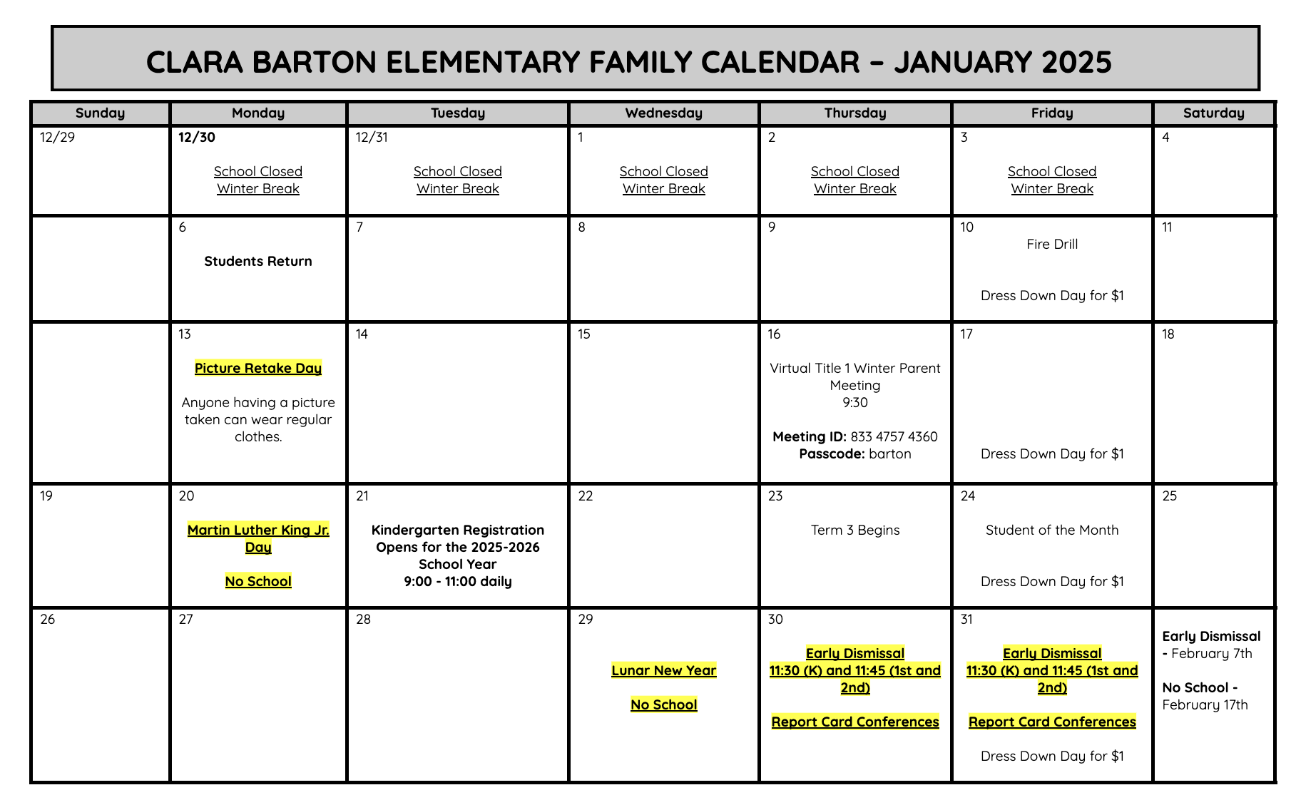 January 2025 Family Calendar - English