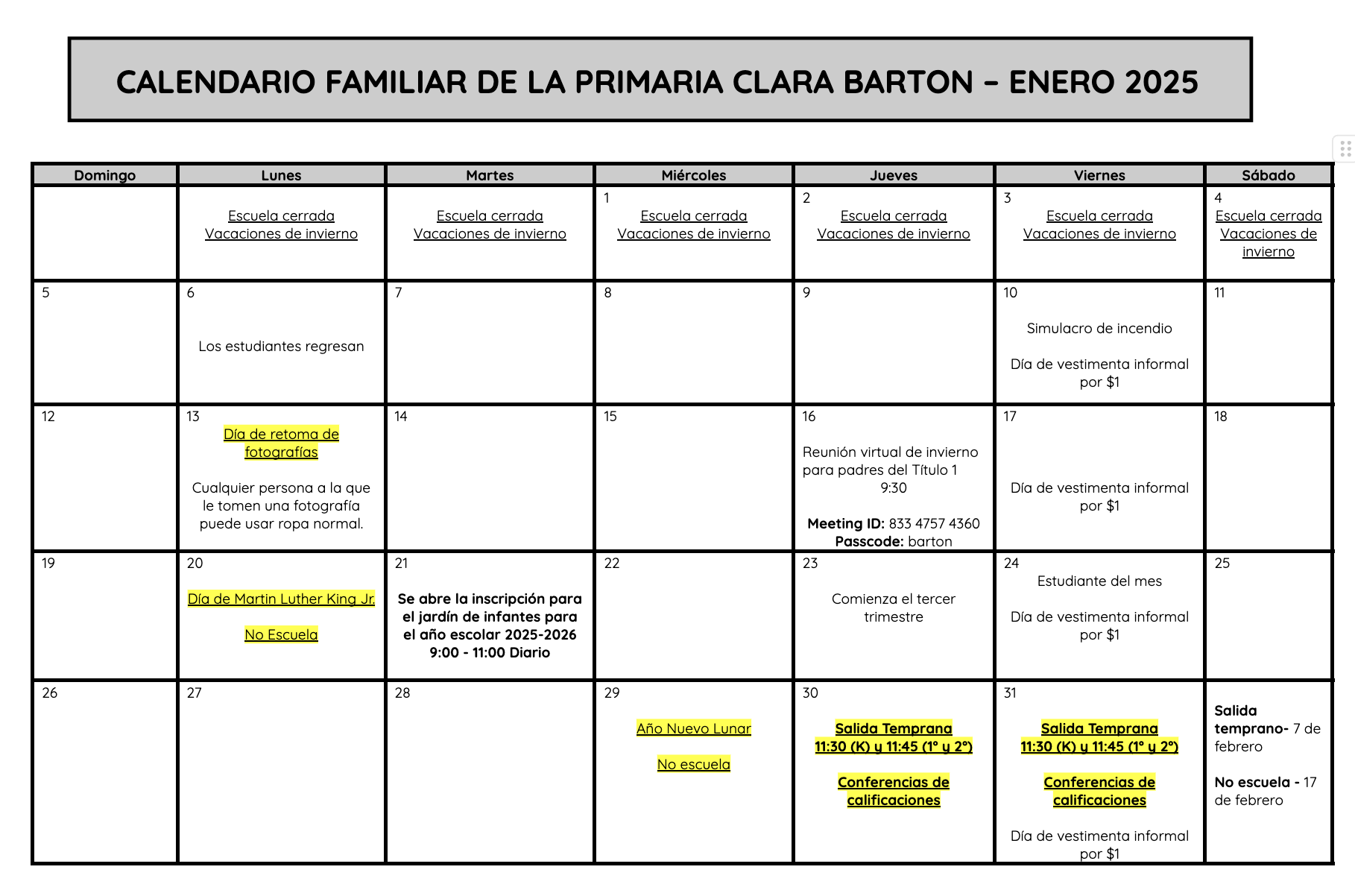 January 2025 Family Calendar - Spanish