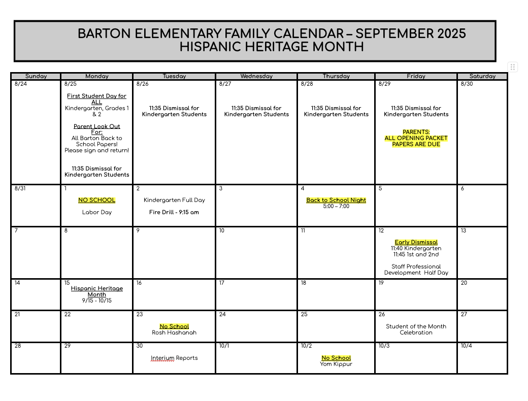 September Family Calendar 2025 - English