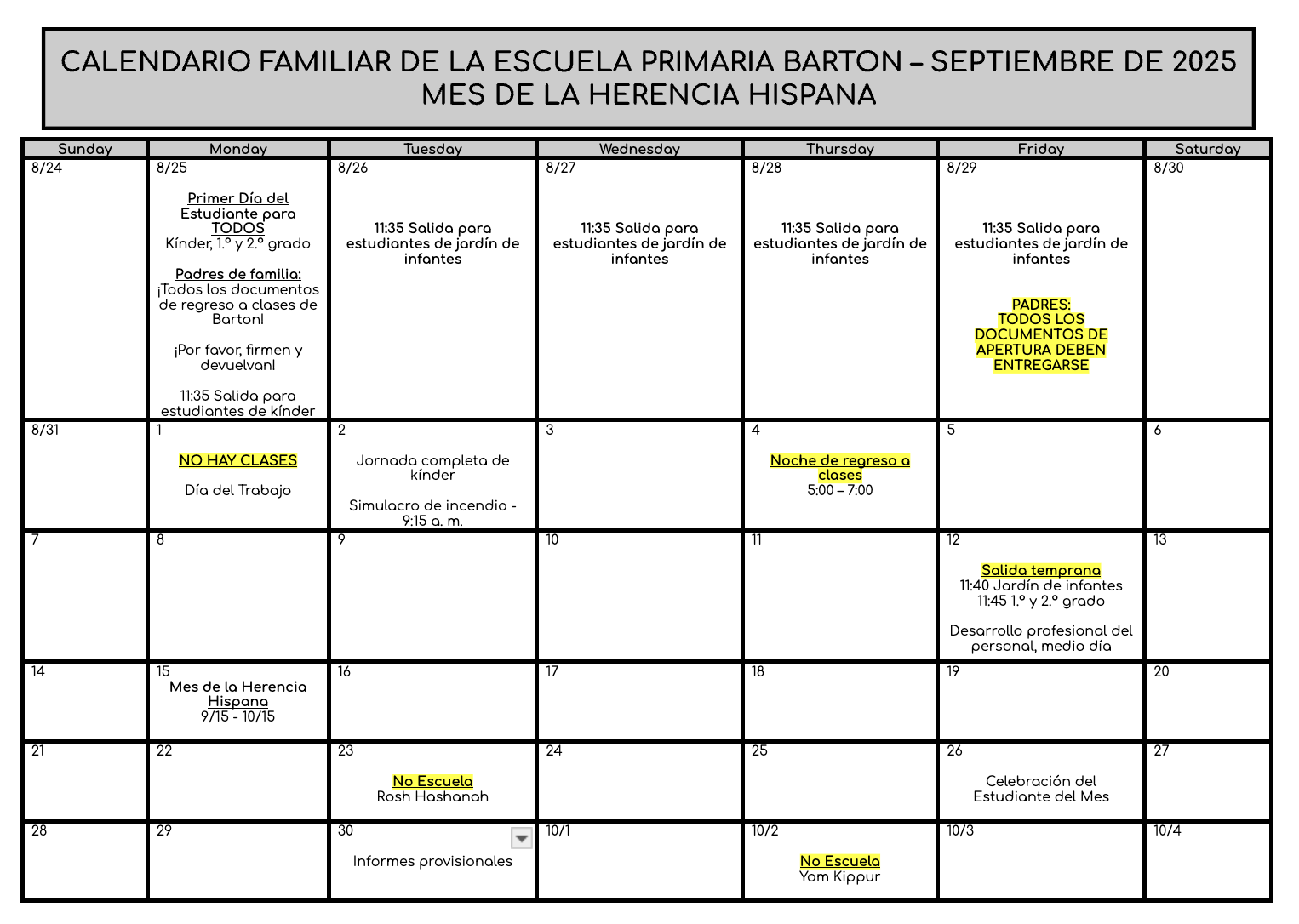 September Family Calendar 2025 - Spanish